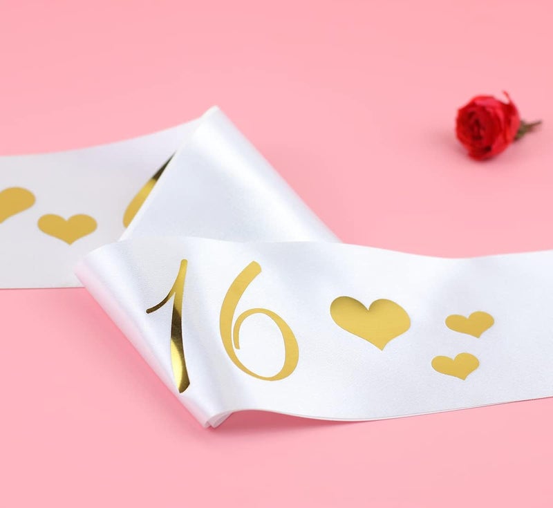 Docooniver Sweet 16 Sash for Girls,16th Birthday Sash White with Gold Foil Lettering. - Image 3